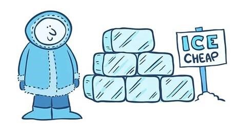 A salesman tries to sell ice in a polar climate.